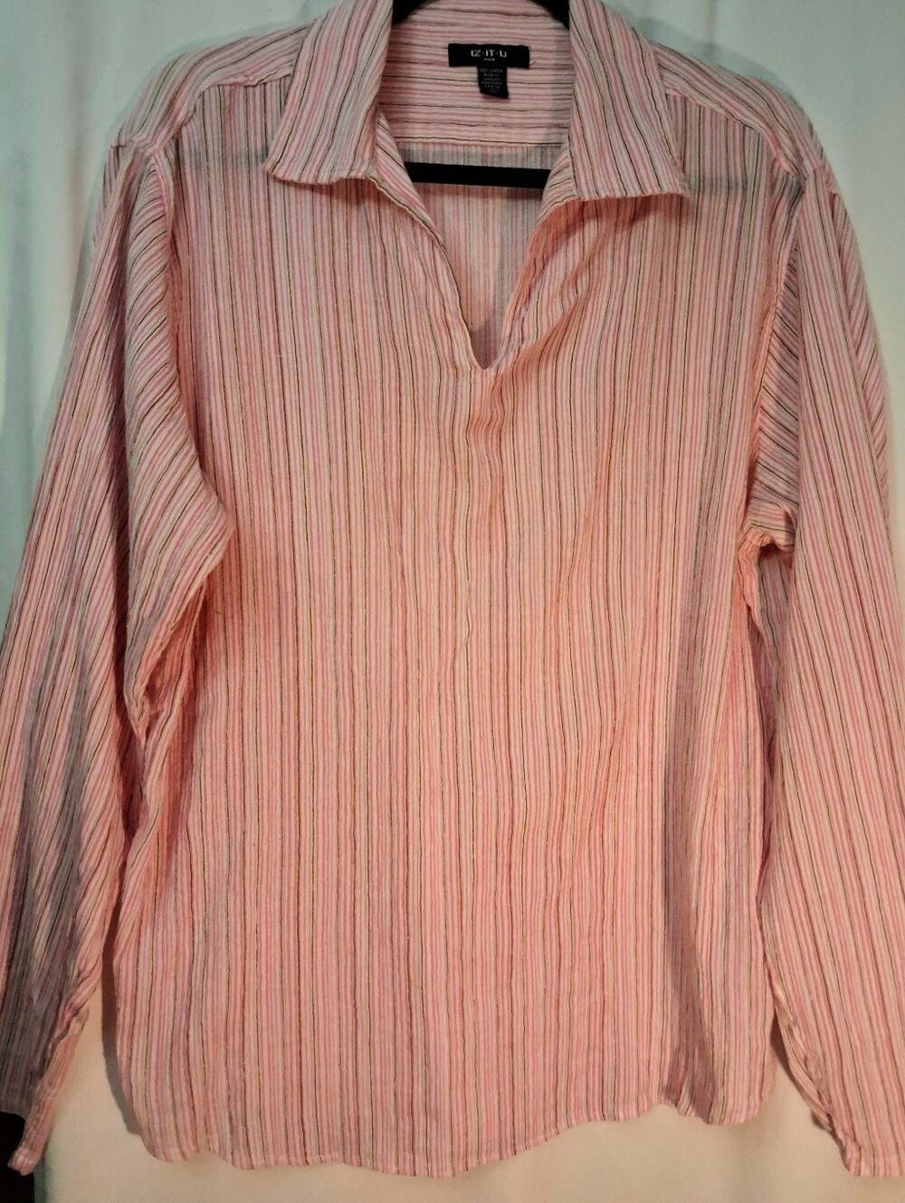 IZ-IT-U Xlg Pink Striped Top W/ Long Sleeves 100% Cotton, Linen Look V Open Neck